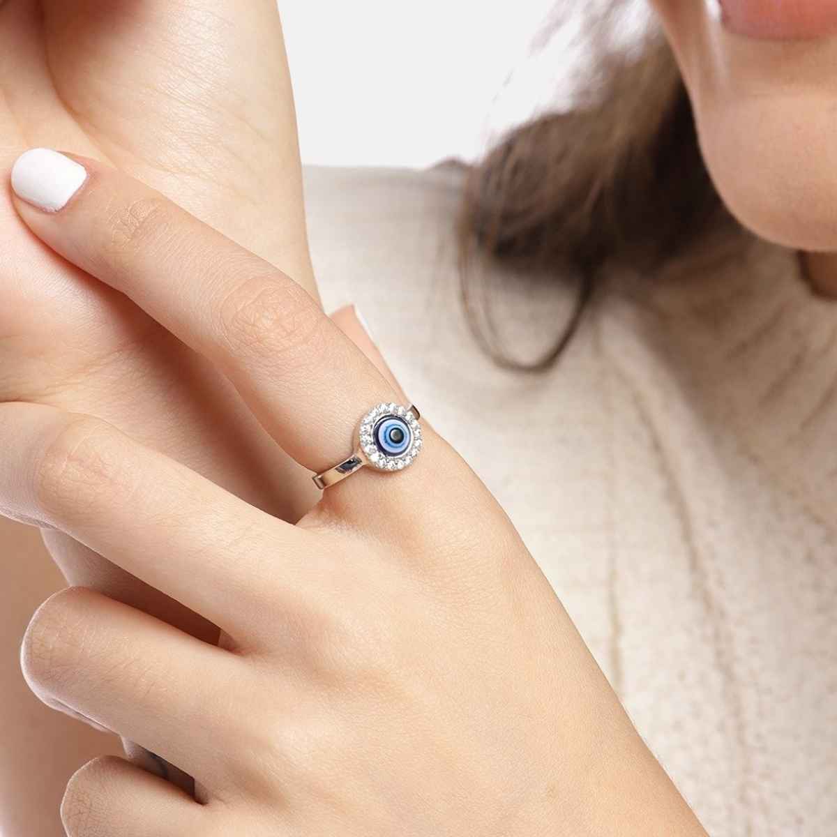 Zavya Evil Eye CZ Rhodium Plated 925 Sterling Silver Ring