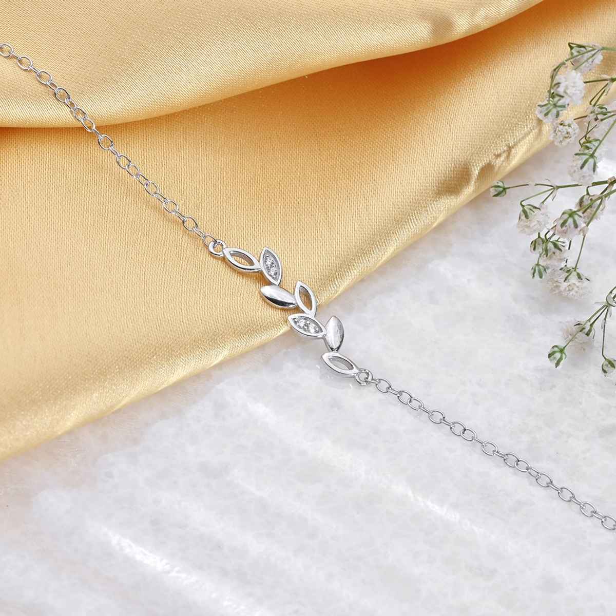 Zavya Leaf CZ Rhodium Plated 925 Sterling Silver Chain Bracelet Gift Hamper