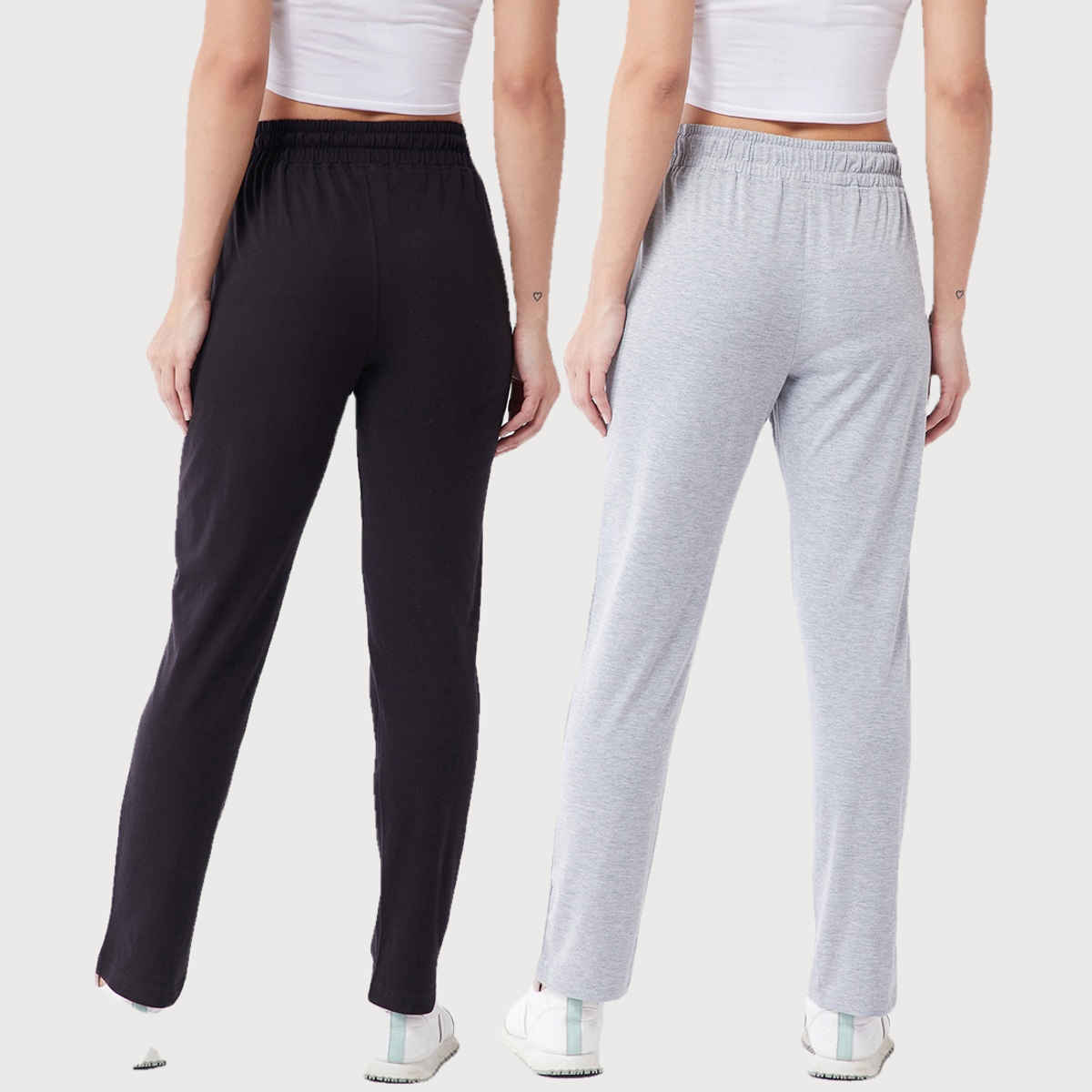 Modeve Women's Cotton Blend Solid Track Pant for Summer | Black and Light Grey | XL