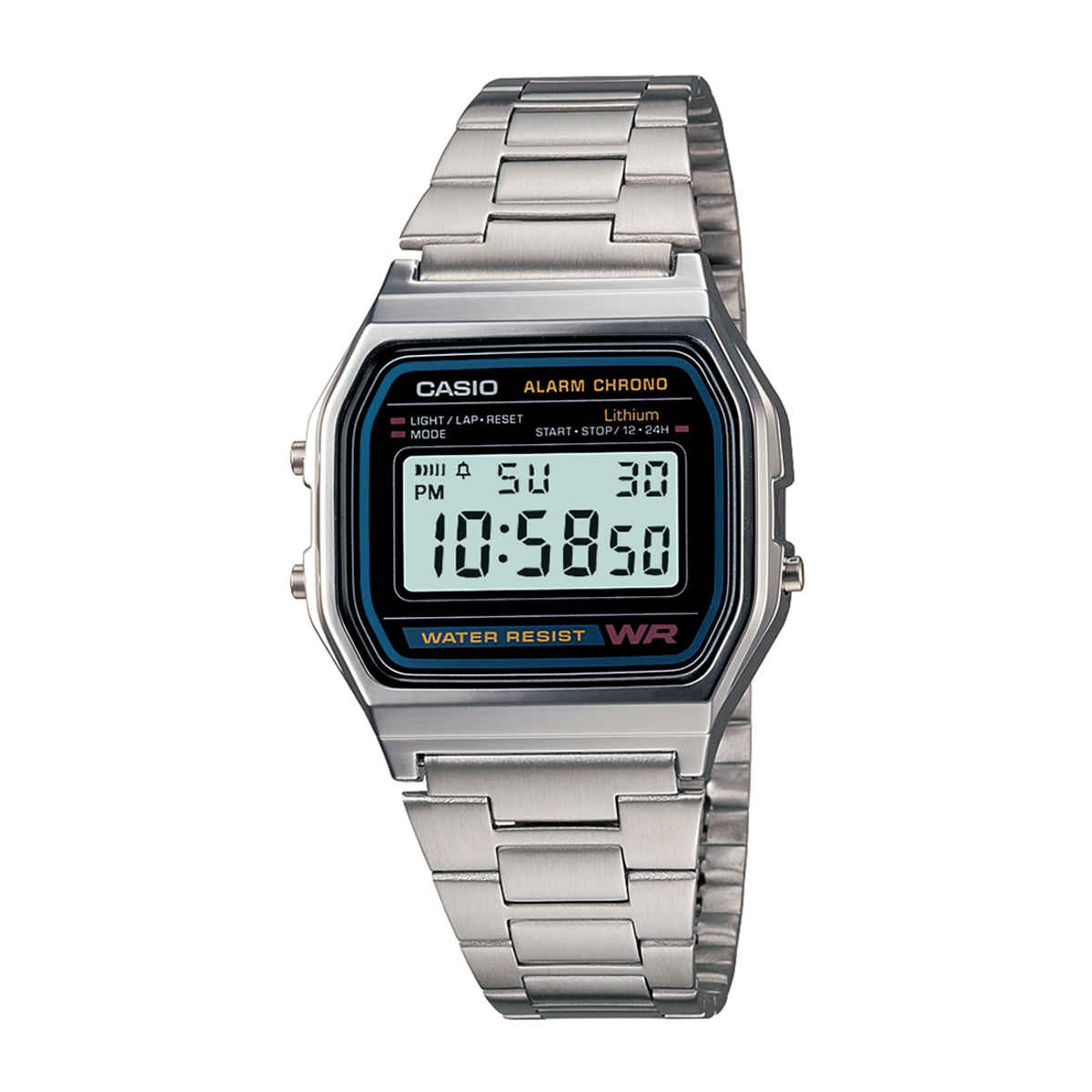 Casio Unisex Vintage A-158WA-1Q Digital Grey Dial Watch | Silver Metal Strap (D011)