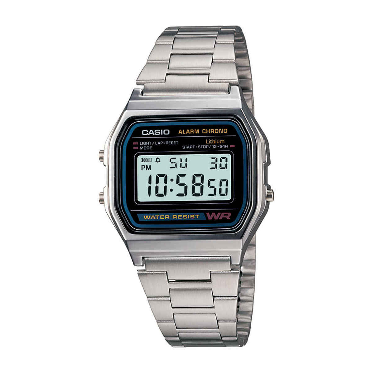 Casio Unisex Vintage A-158WA-1Q Digital Grey Dial Watch | Silver Metal Strap (D011)