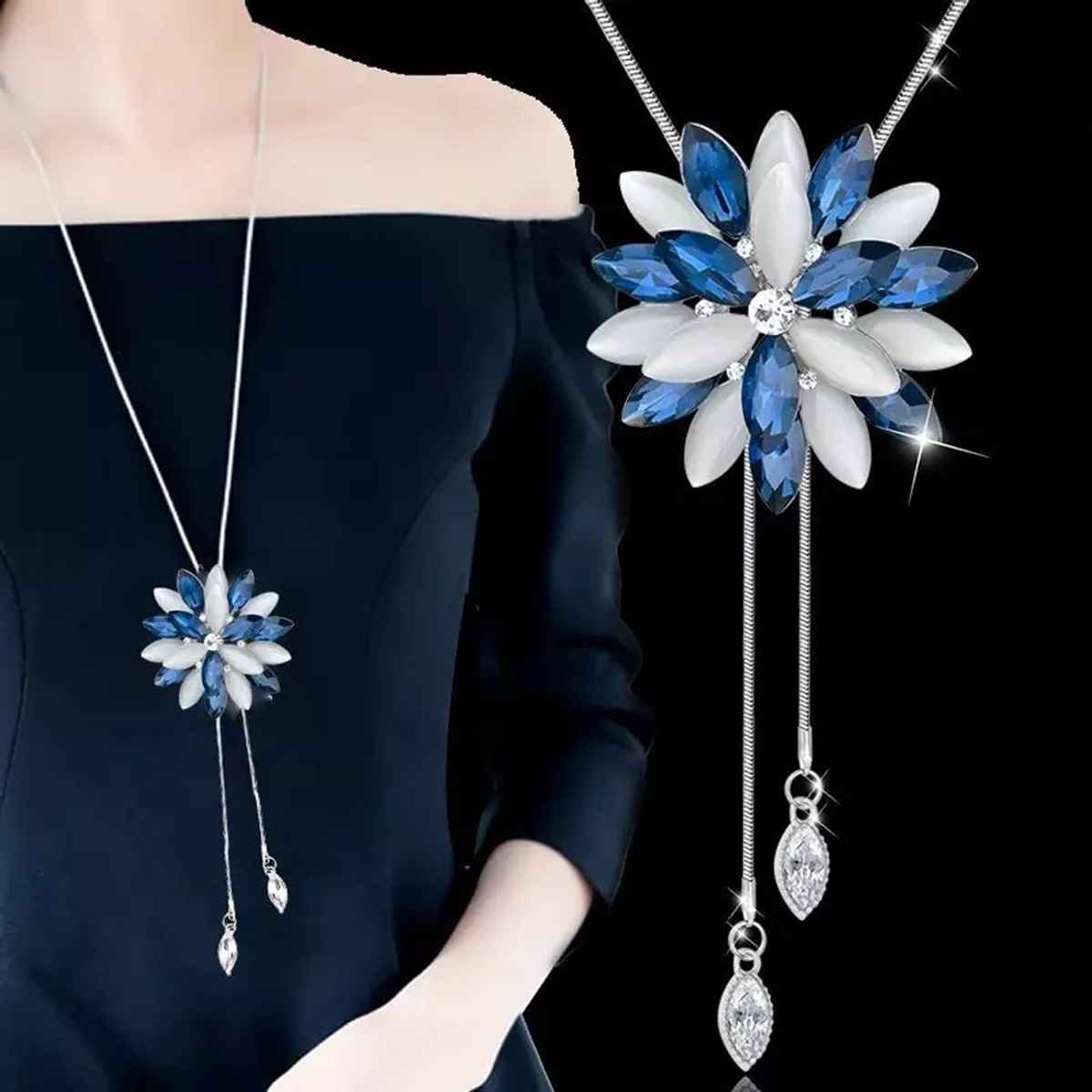 Shining Diva Fashion Stylish Crystal Flower Silver Plated Long Chain Pendant for Women Rrsd10734np
