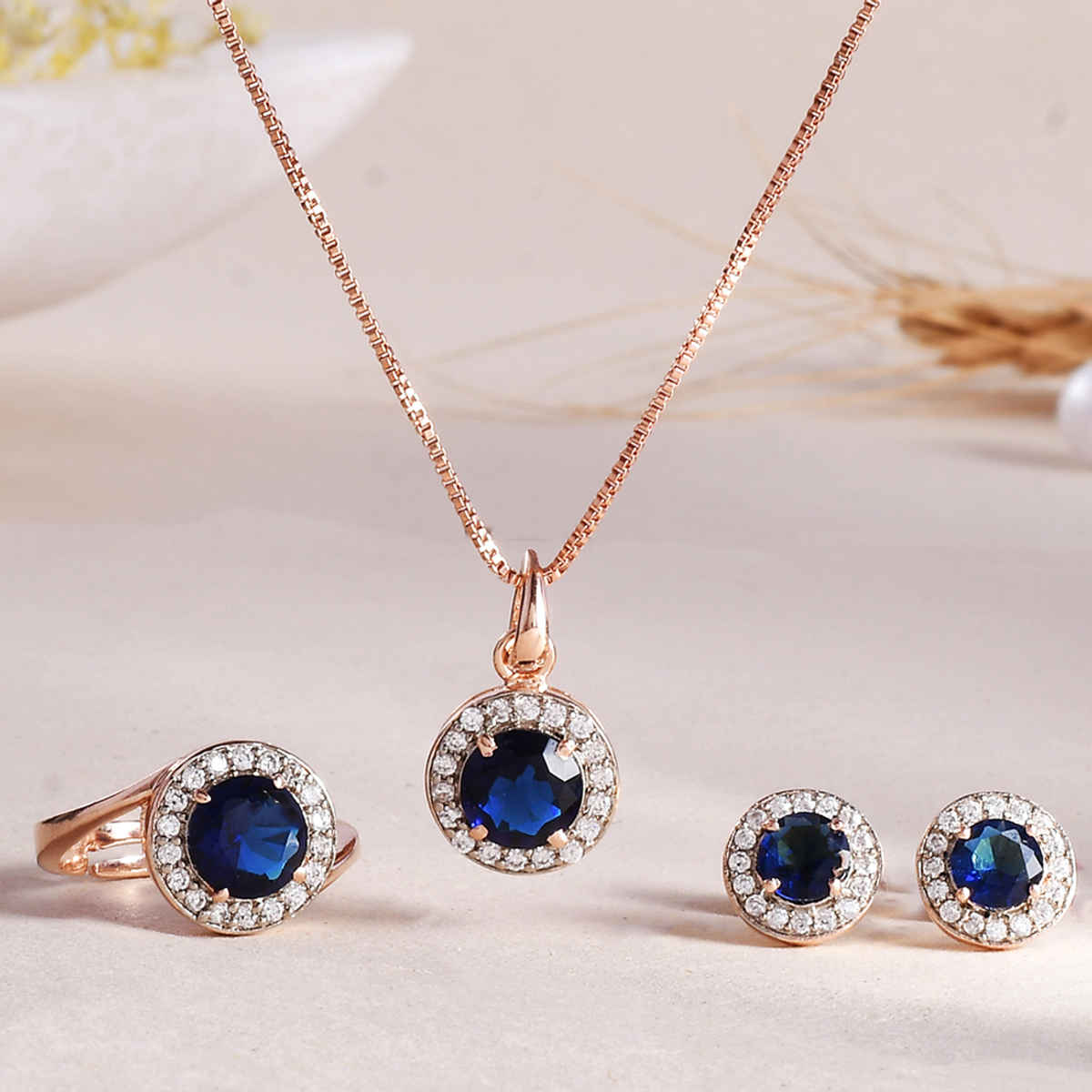 Voylla Sparkling Essentials Blue Round Cut Cluster Setting CZ Box Set