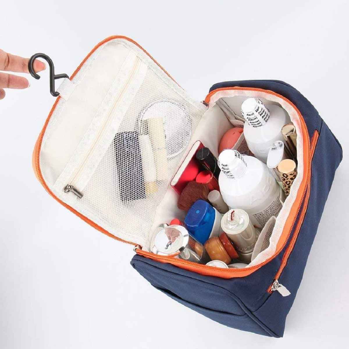 Awestuffs Hanging Travel Kit Water Resistant, Mesh Pockets and Sturdy Hanging Hook | Navy Blue