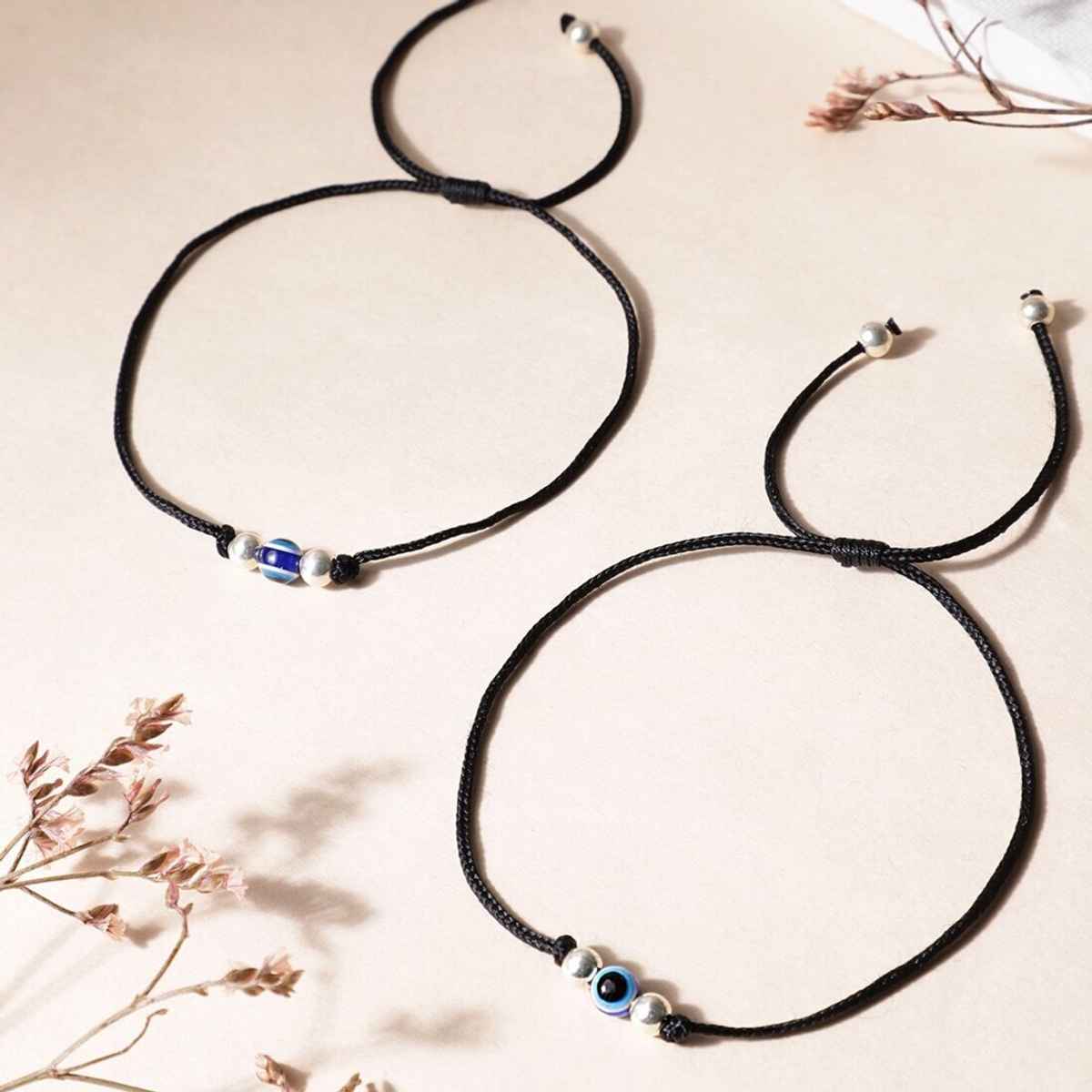 Zavya Uni Evil Eye 925 Sterling Silver Thread Anklets | Rhodium Plated Adjustable Pair | ANK-60212