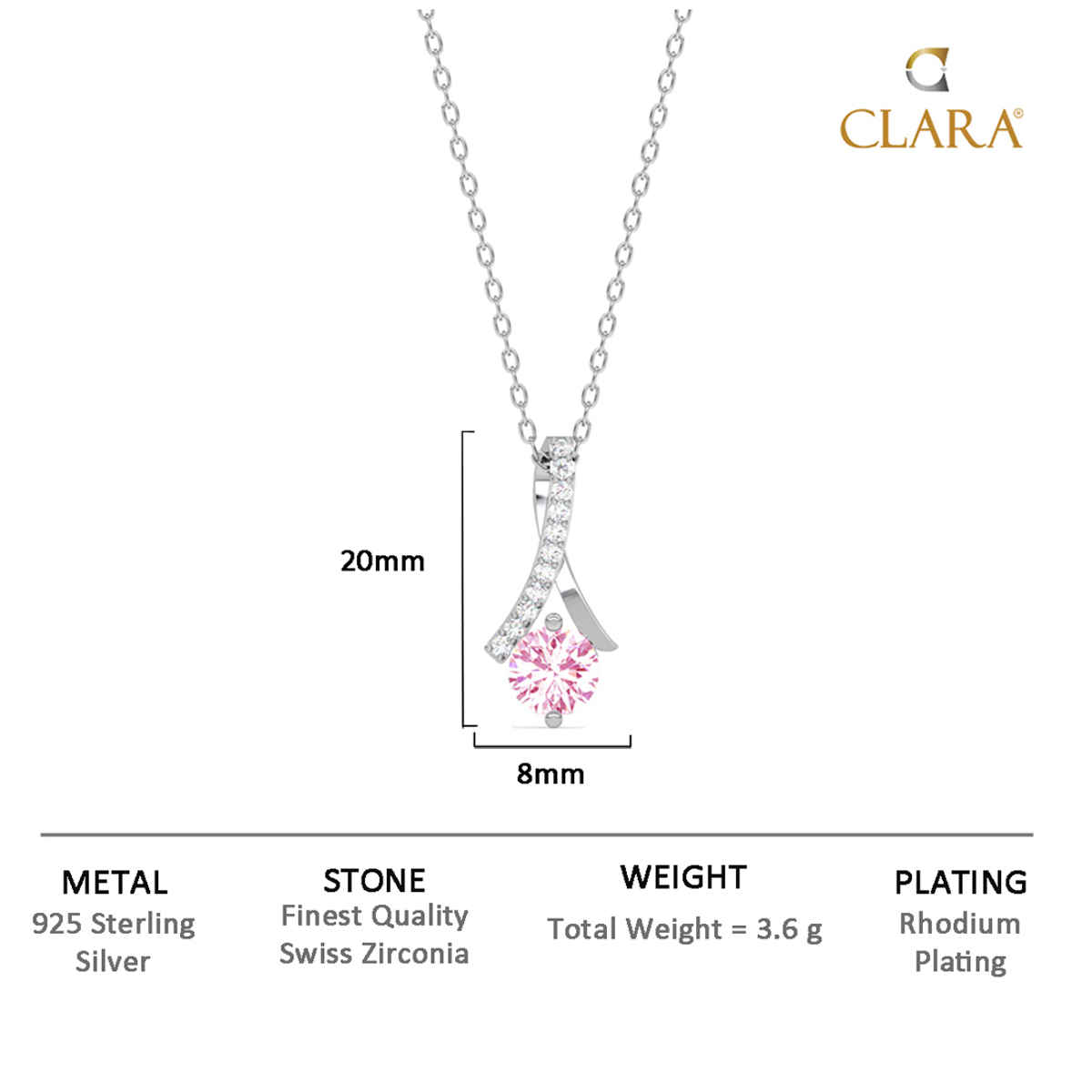 Clara 925 Sterling Silver Pink Solitaire Pendant Chain Necklace | Rhodium Plated | Swiss Zirconia