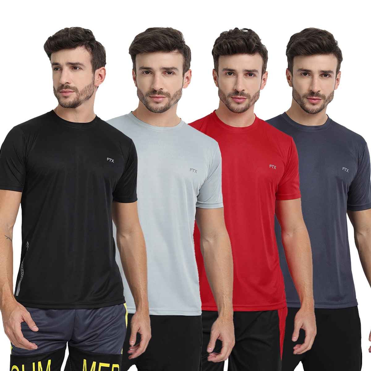 FTX Men s Solid Round Neck Polyester Half Sleeve Casual T-shirt | Black-Red-Steel-Grey | XL