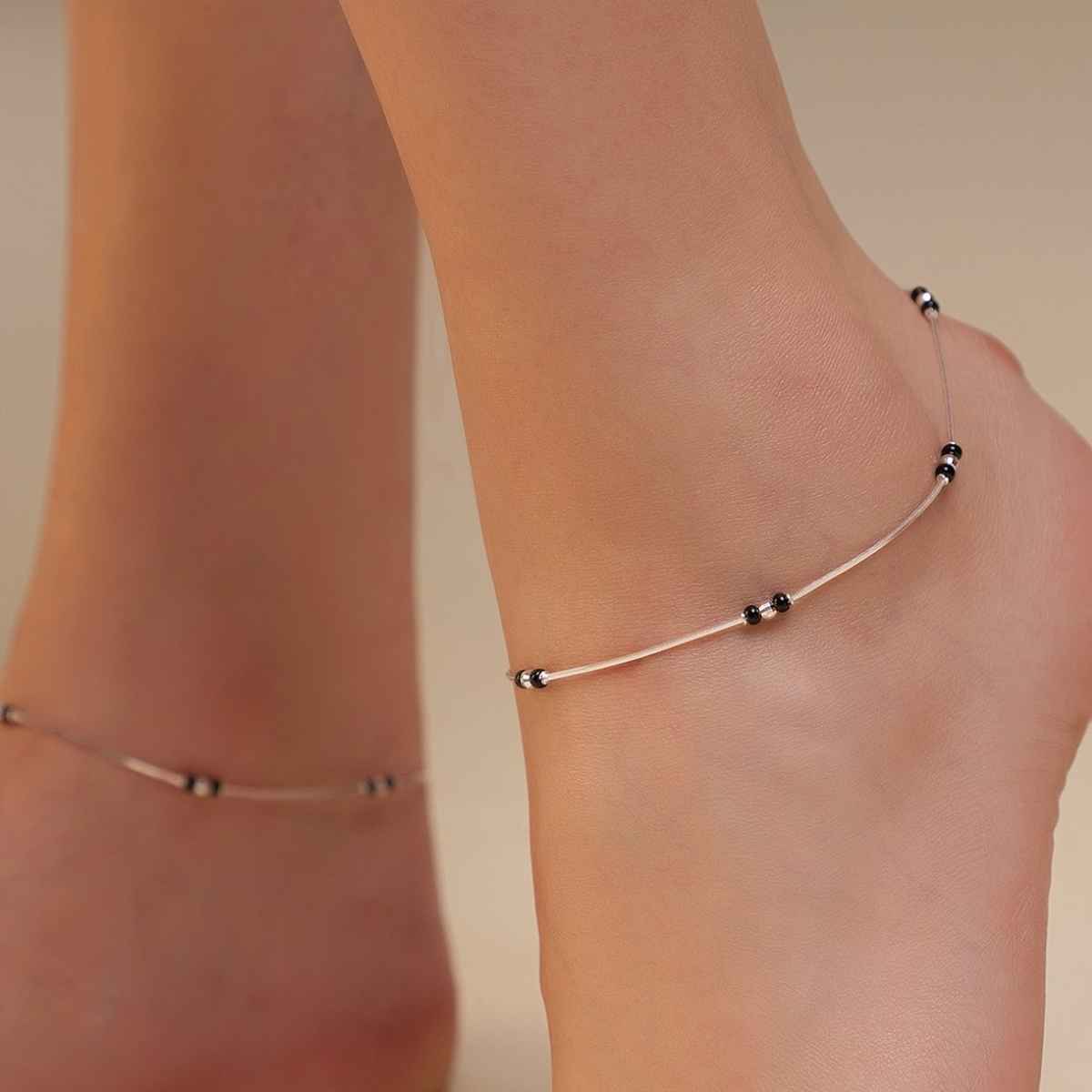Zavya Shimmering Harmony 925 Sterling Silver Beaded Anklets | Rhodium Plated Pair | ANK-60269