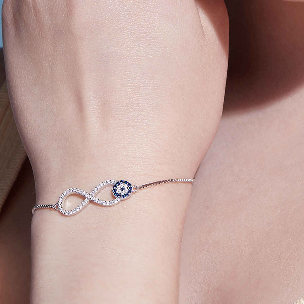 Zavya Infinity Evil Eye 925 Sterling Silver Bracelet | Rhodium Plated Adjustable Design | BR-80075