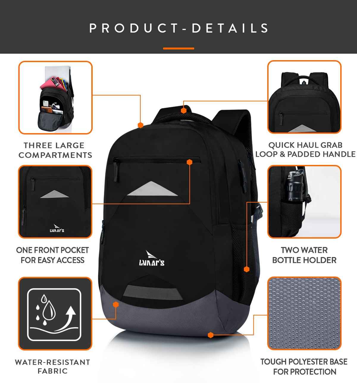Lunar's Unisex Solid Polyester 48 L Laptop Backpack | Black