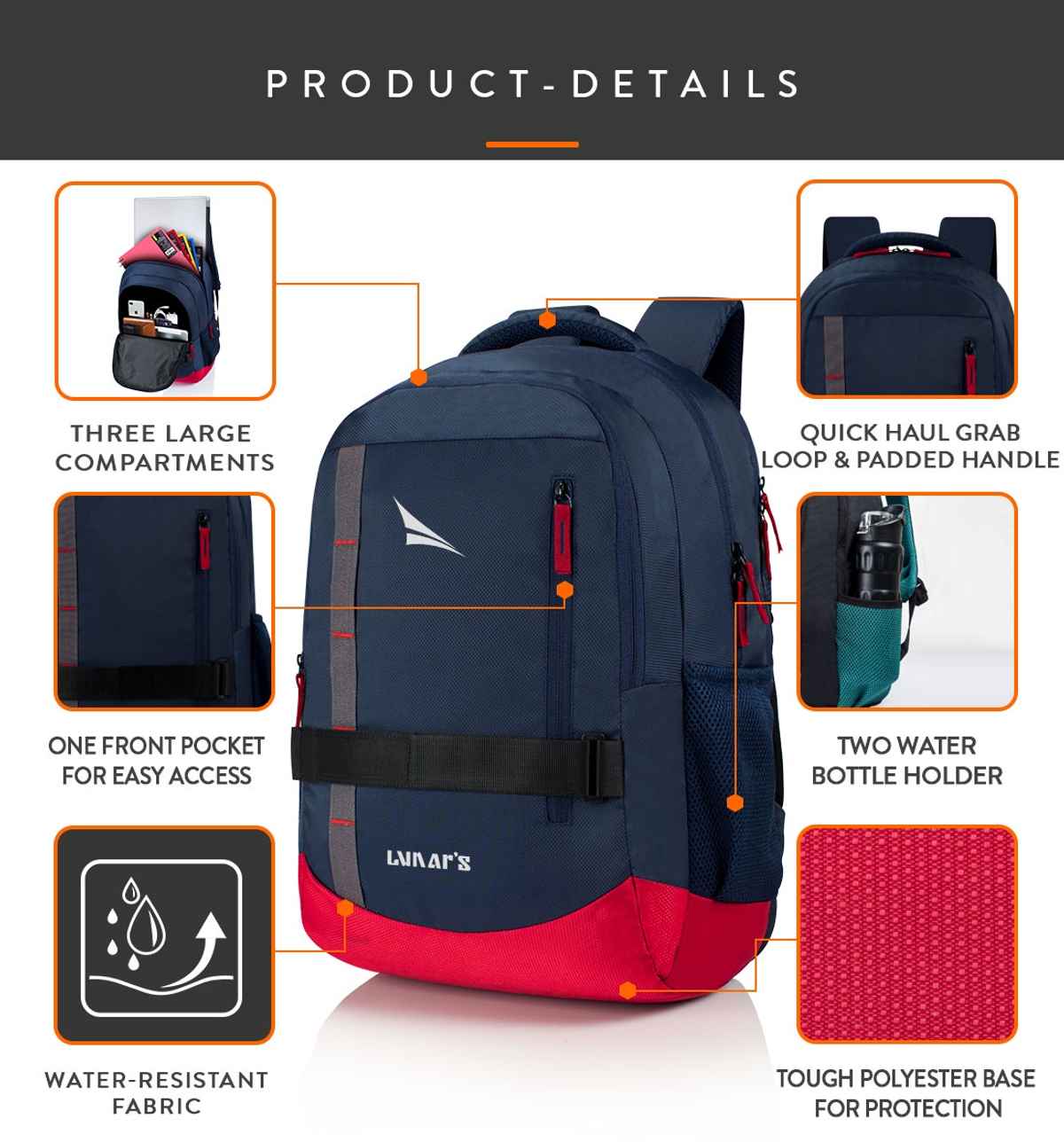 Lunar's Unisex Solid Polyester 48 L Padded Shoulder Strap Laptop Backpack | Dark Blue - 15.6 Inches