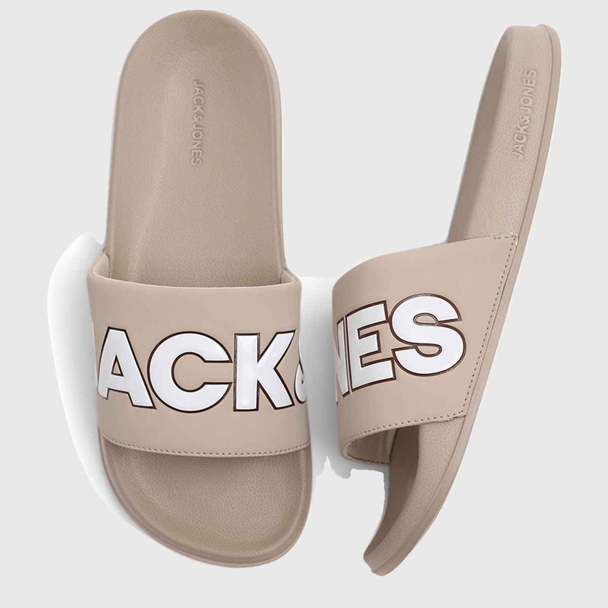 Jack & Jones Men's Outline Contrast Logo Pool Sliders | Beige - UK 6