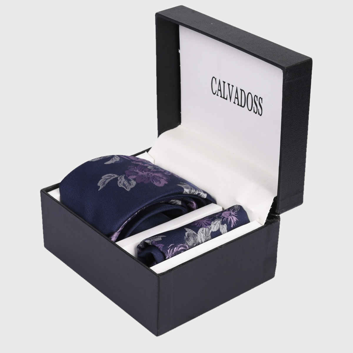 Calvadoss Men's Tie and Pocket Square Gift Set Flower Design | Navy