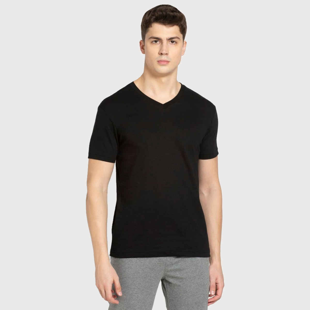 Jockey Men Cotton Rich V Neck Half Sleeve T-shirt | Black - L