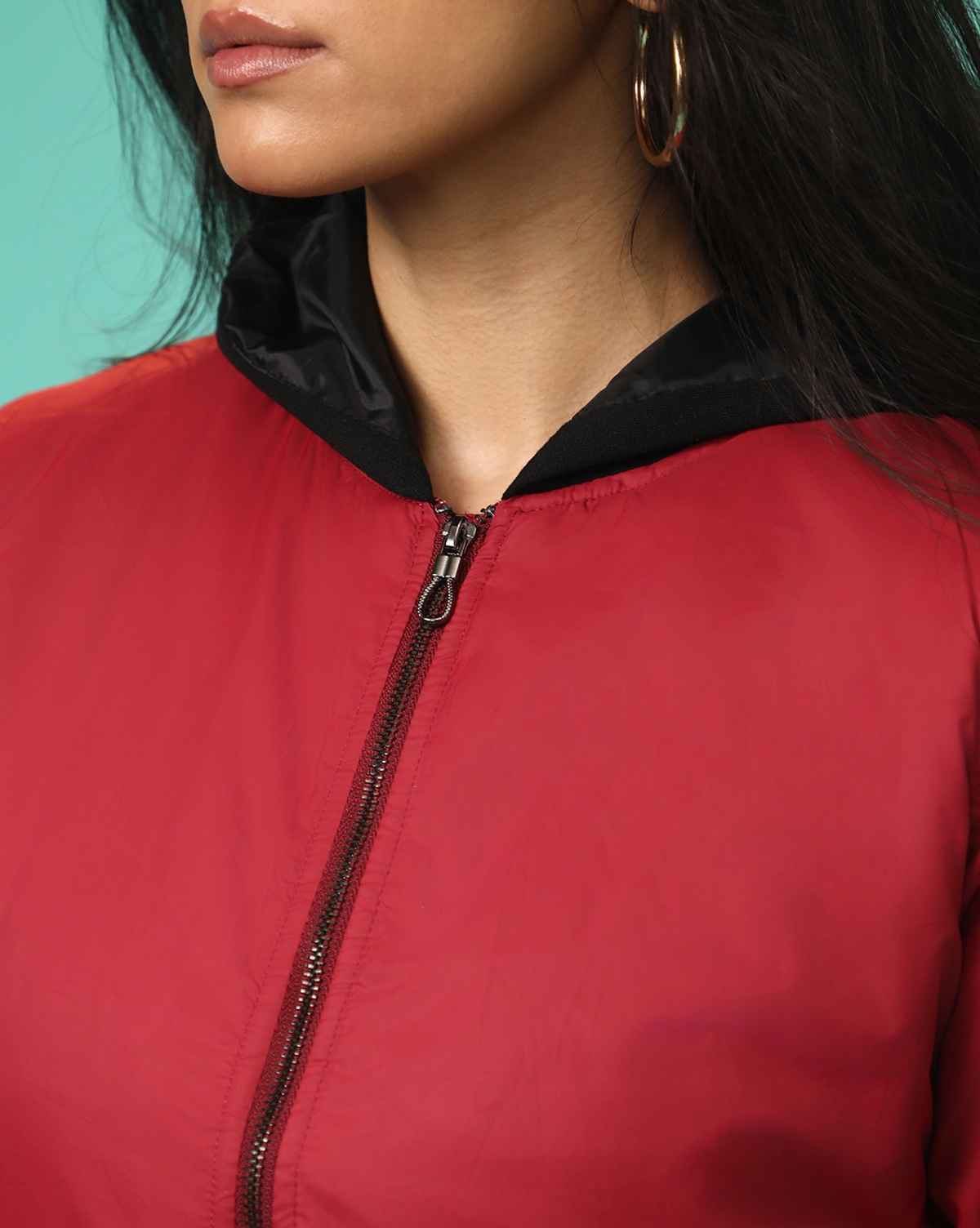 Campus Sutra Women's Zip-Front Jacket With Contrast Hem | Maroon - XL