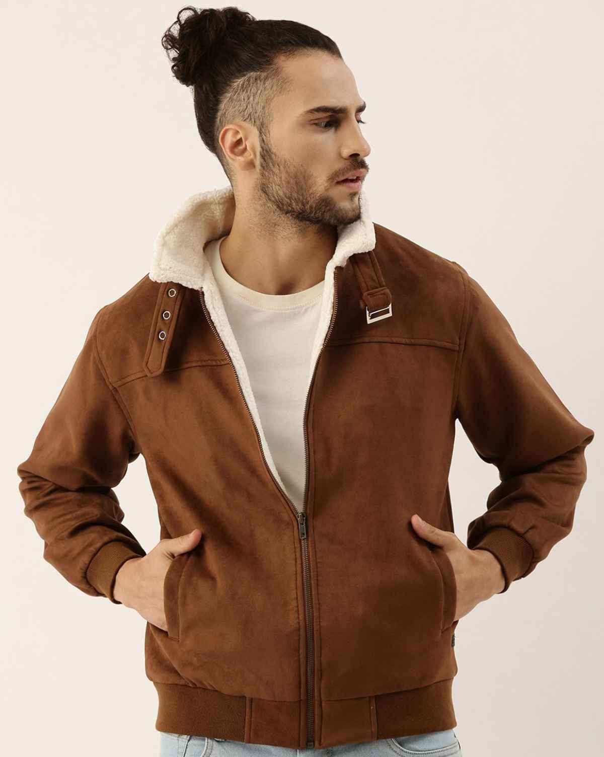 Campus Sutra Men's Zip - Front Jacket With Fleece Detail | Brown - XL