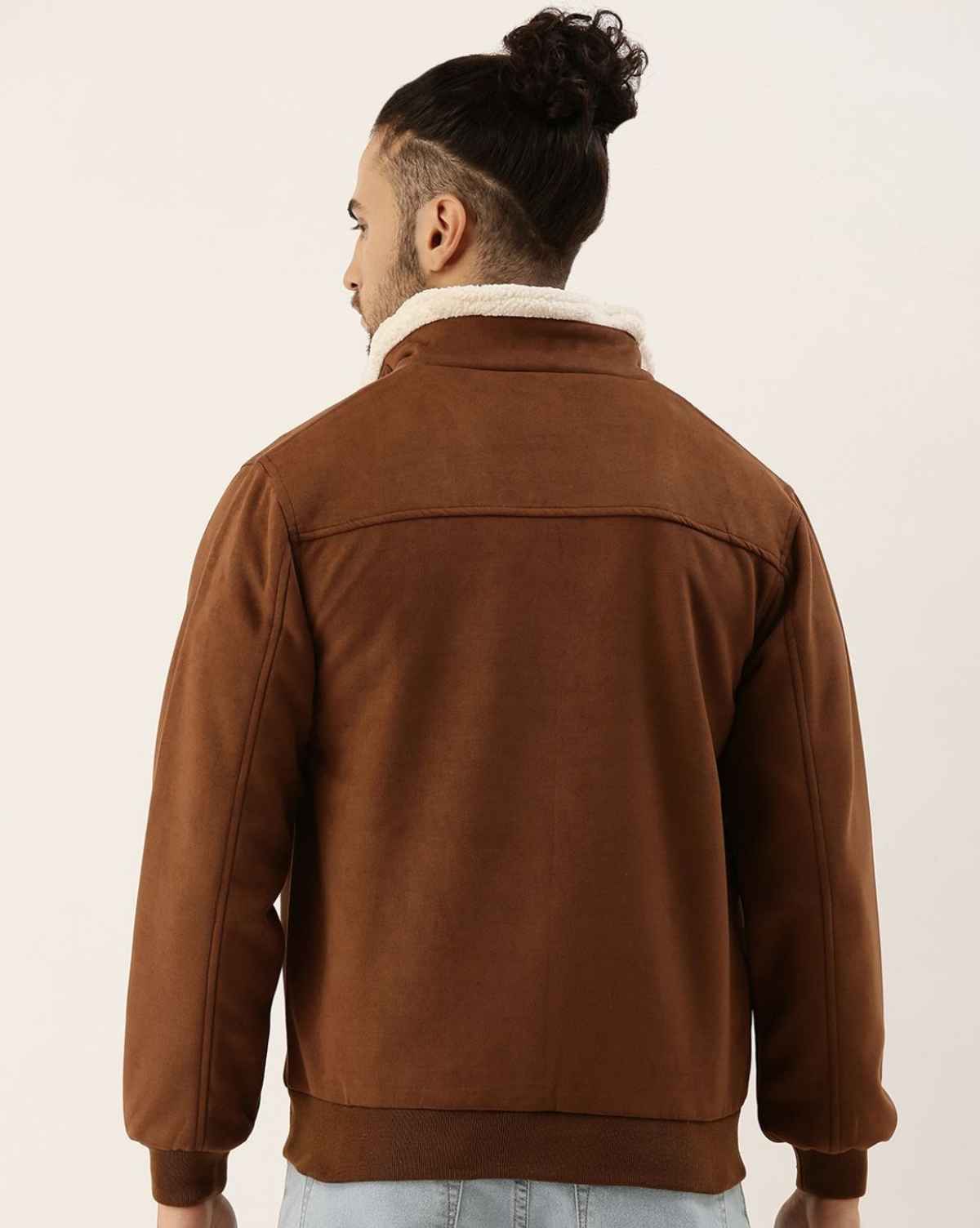 Campus Sutra Men's Zip - Front Jacket With Fleece Detail | Brown - XL