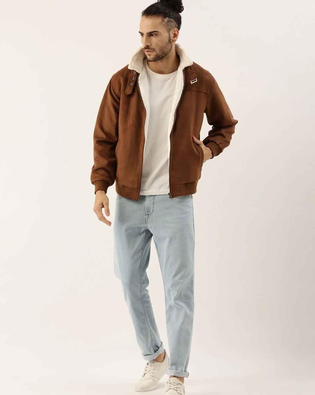 Campus Sutra Men's Zip - Front Jacket With Fleece Detail | Brown - XL