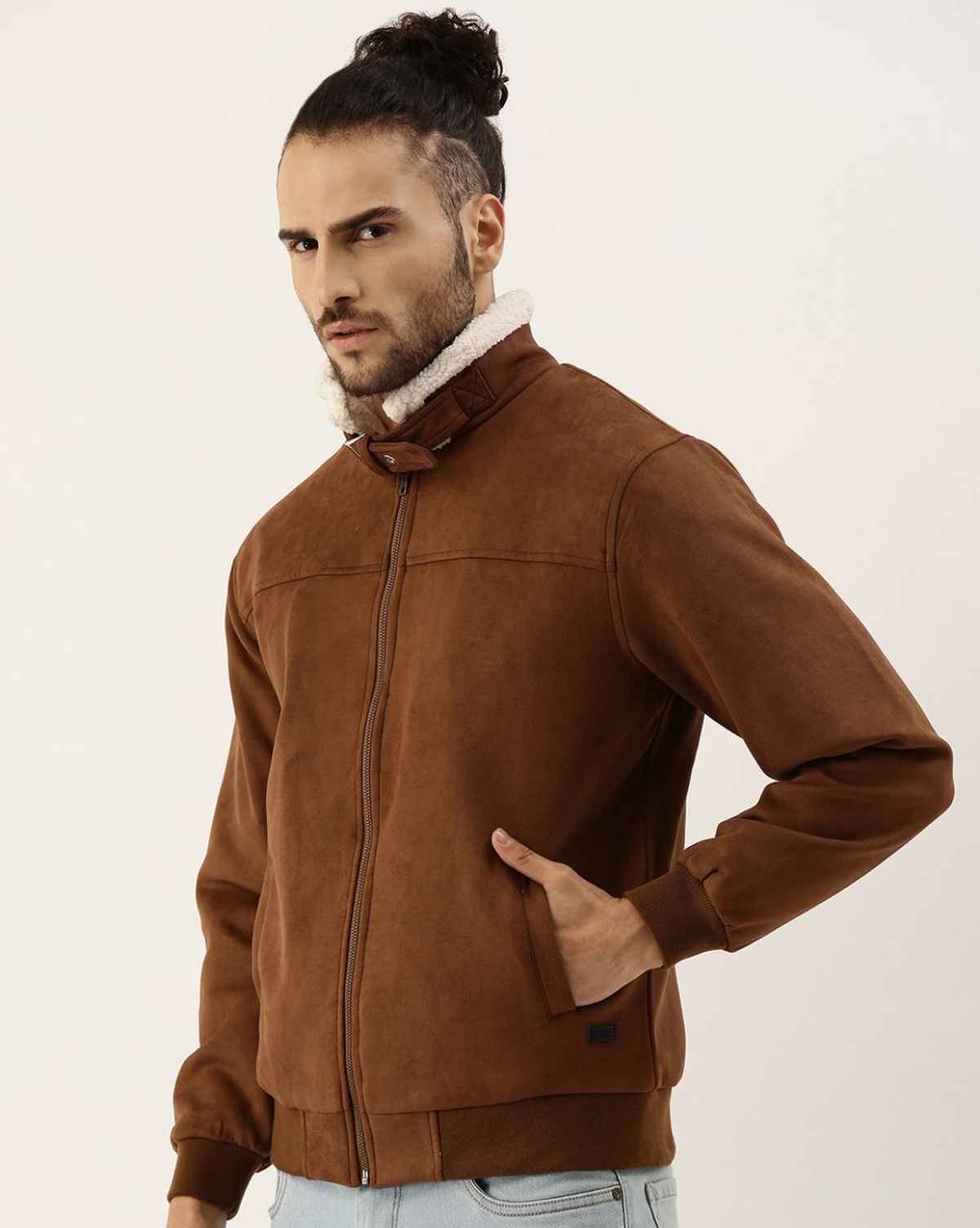 Campus Sutra Men's Zip - Front Jacket With Fleece Detail | Brown - XL