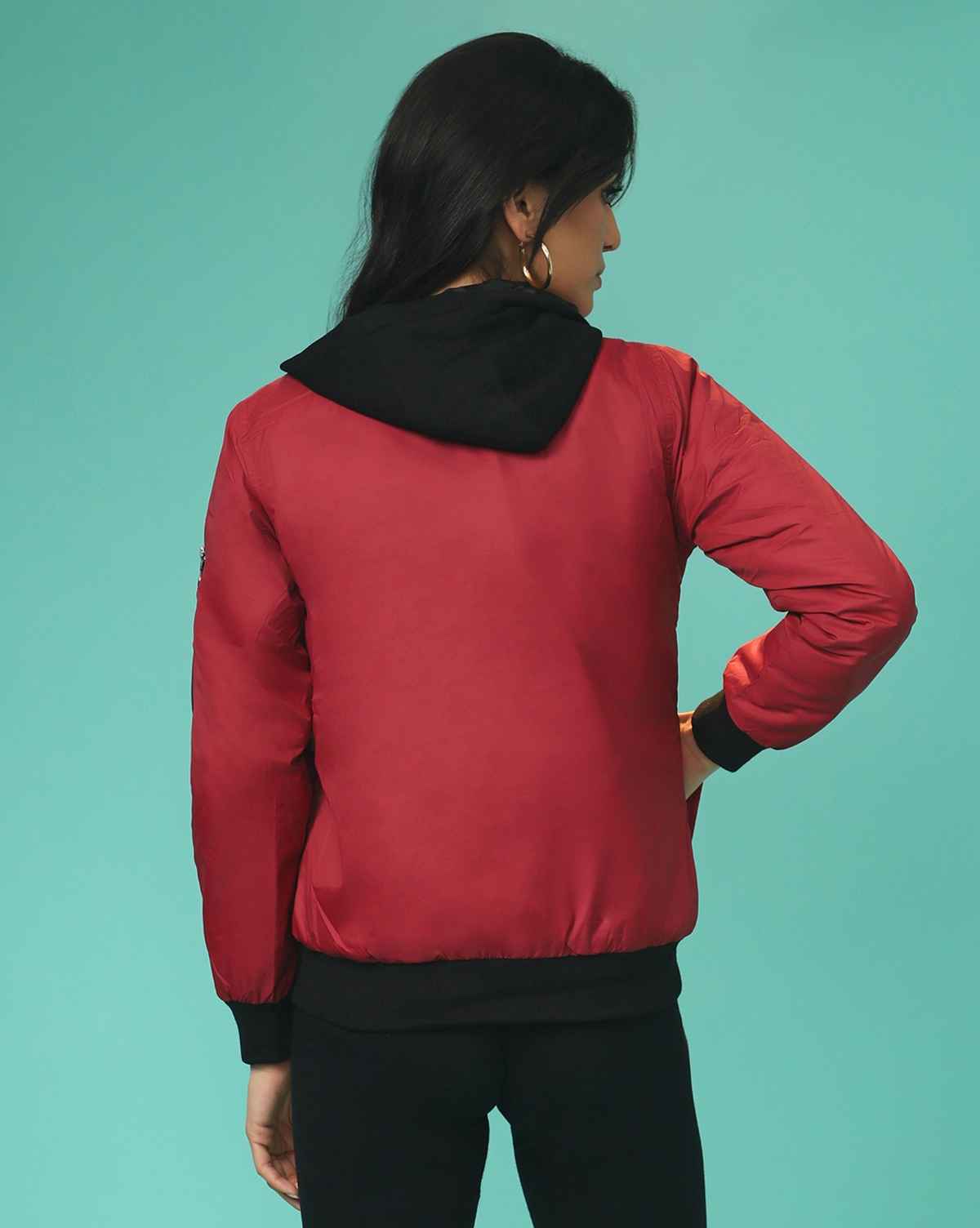 Campus Sutra Women's Zip-Front Jacket With Contrast Hem | Maroon - XL