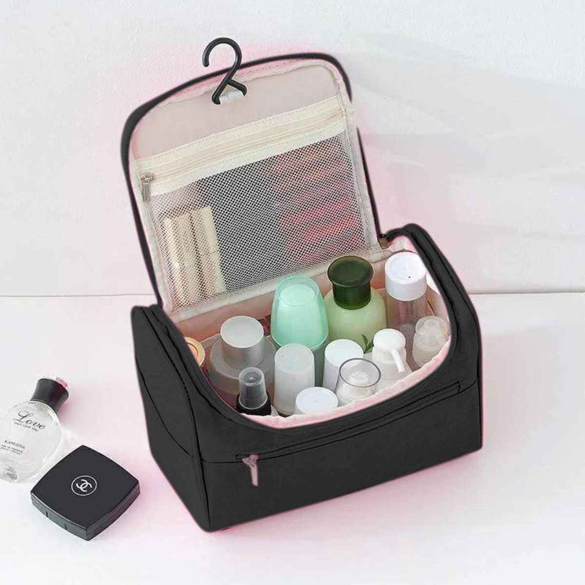 Awestuffs Hanging Travel Kit Water Resistant, Mesh Pockets and Sturdy Hanging Hook | Black