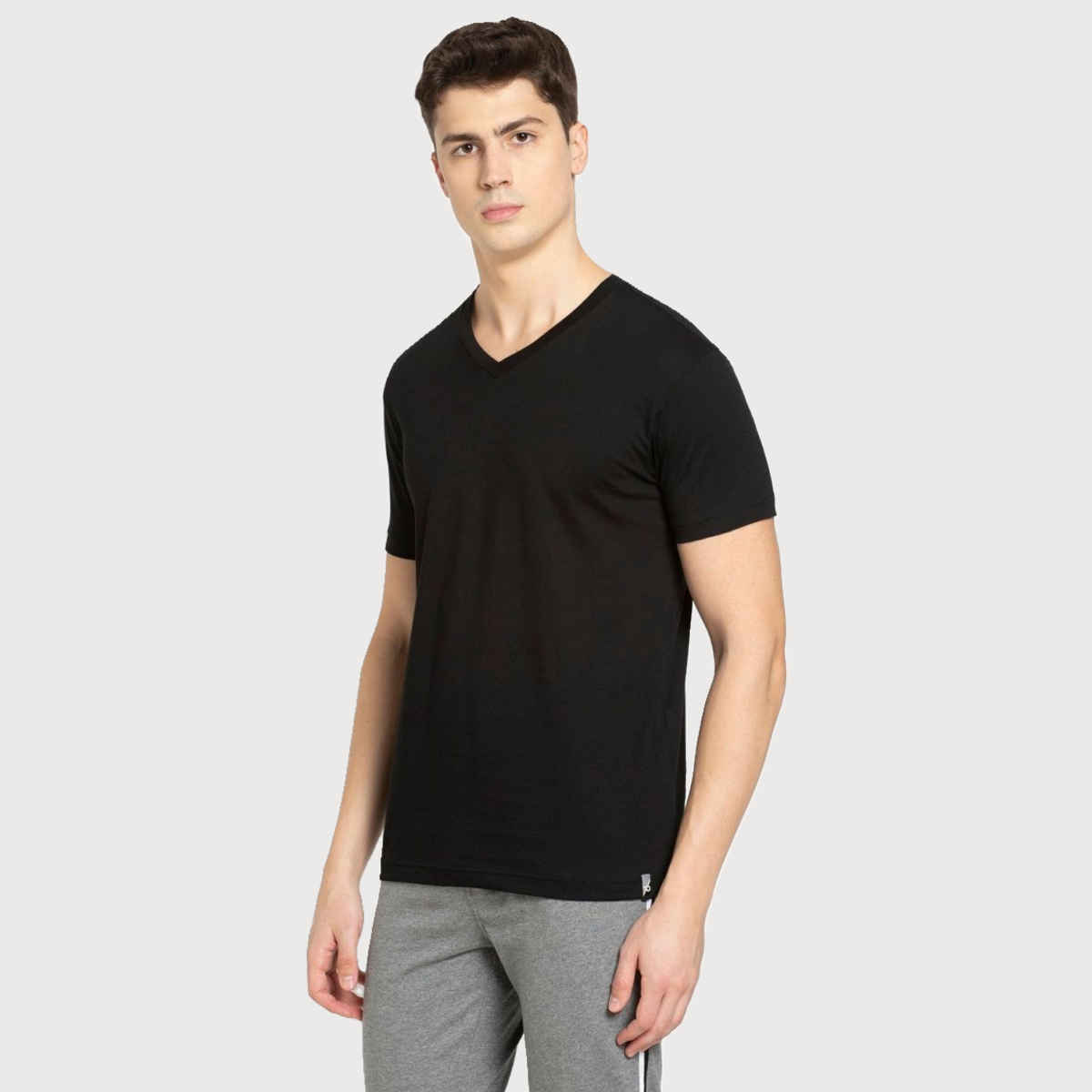 Jockey Men Cotton Rich V Neck Half Sleeve T-shirt | Black - L