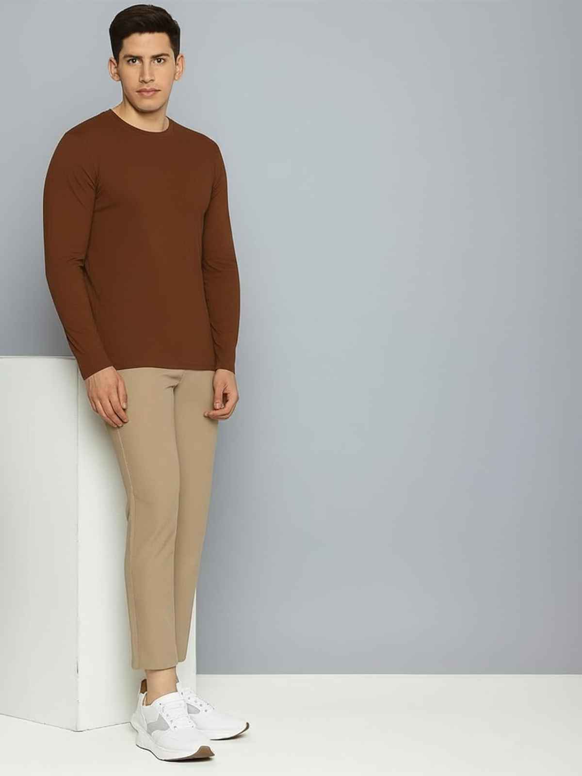 Veirdo Men's Full Sleeve Solid Cotton Regular Fit T-Shirt | Brown - L