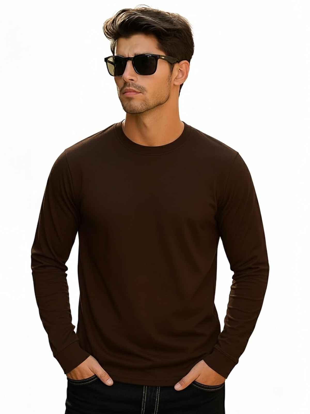 Veirdo Men's Full Sleeve Solid Cotton Regular Fit T-Shirt | Brown - L