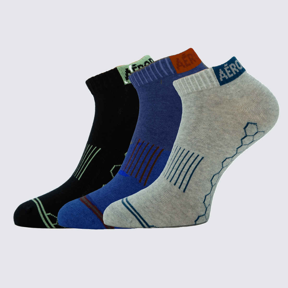 Aeropostale Men's Flat Knit Low Cut Socks | Idea-1748Bnl | Black, Navy and Lt. Grey
