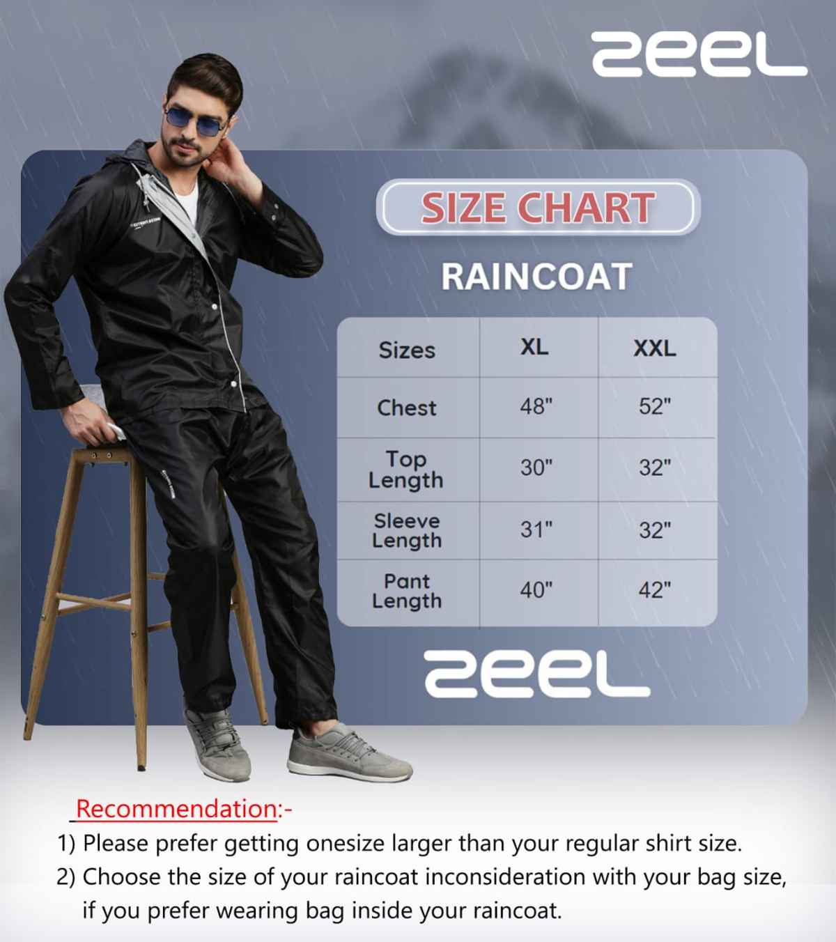 Zeel Men's Waterproof Raincoat- XXL (Navy)