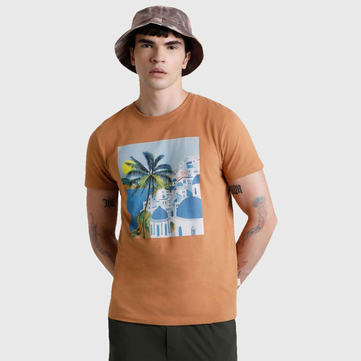 JACK & JONES Men's Graphic Print Crew Neck T-shirt | Brown - M