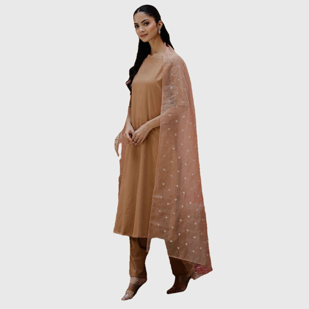 Rangdeep Square Neck Puffed Sleeves Sequinned Straight Kurta, Trousers & Dupatta Women | Brown | M