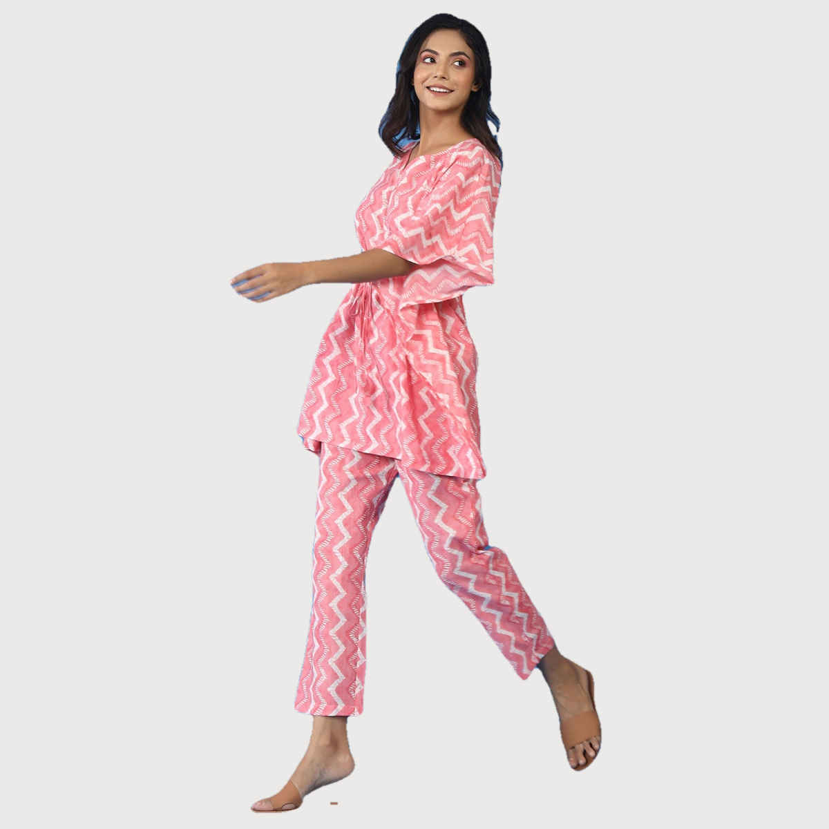JISORA Women's Printed Cotton Pink Kaftan Pyjama Set | S - KFP0544