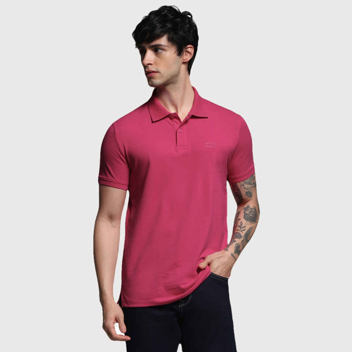 JACK & JONES Men's Ribbed Sleeves Polo T-shirt | Bright Pink - XL
