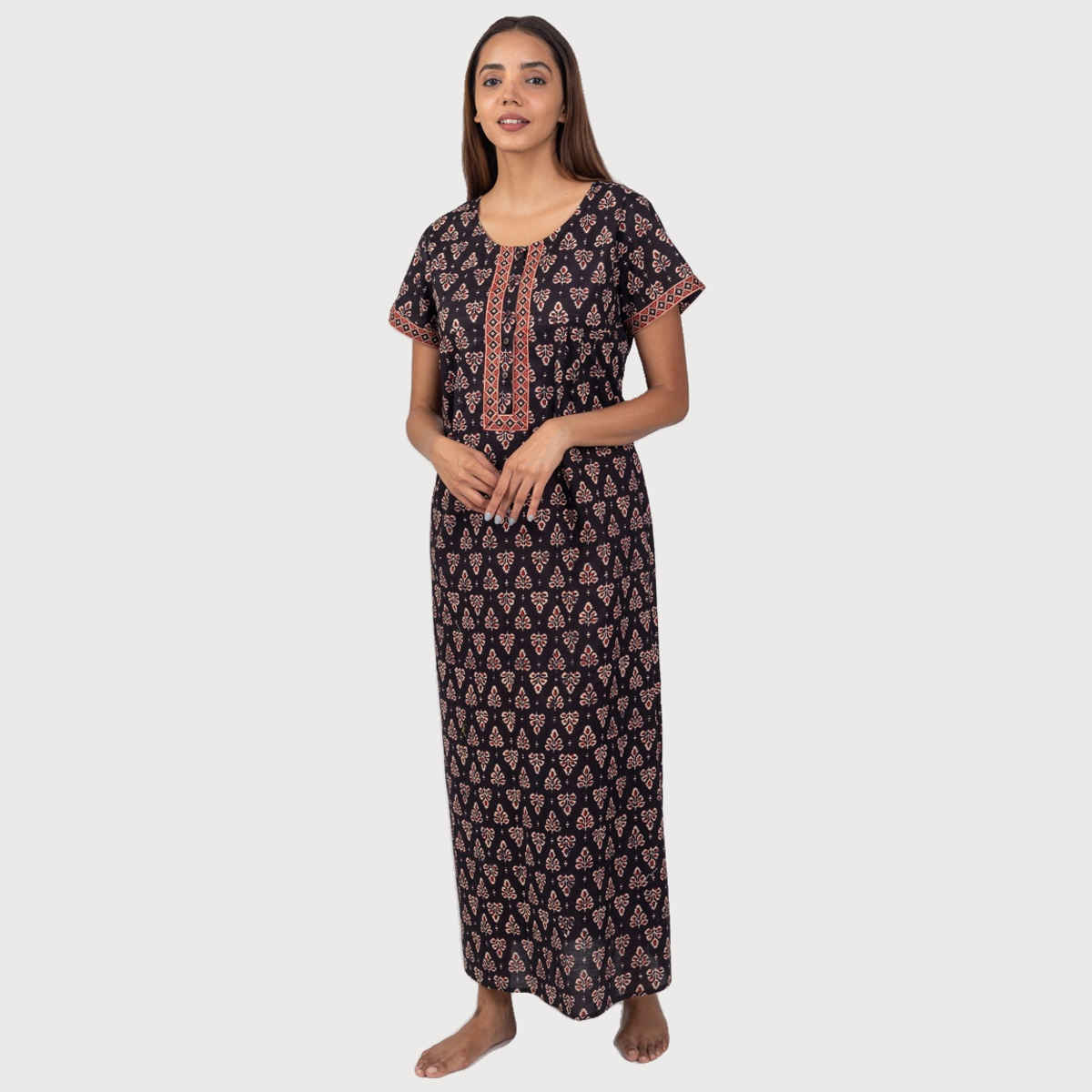 Nihsamah Women's Cotton Night Gown with Pockets | Full Length | Black - L