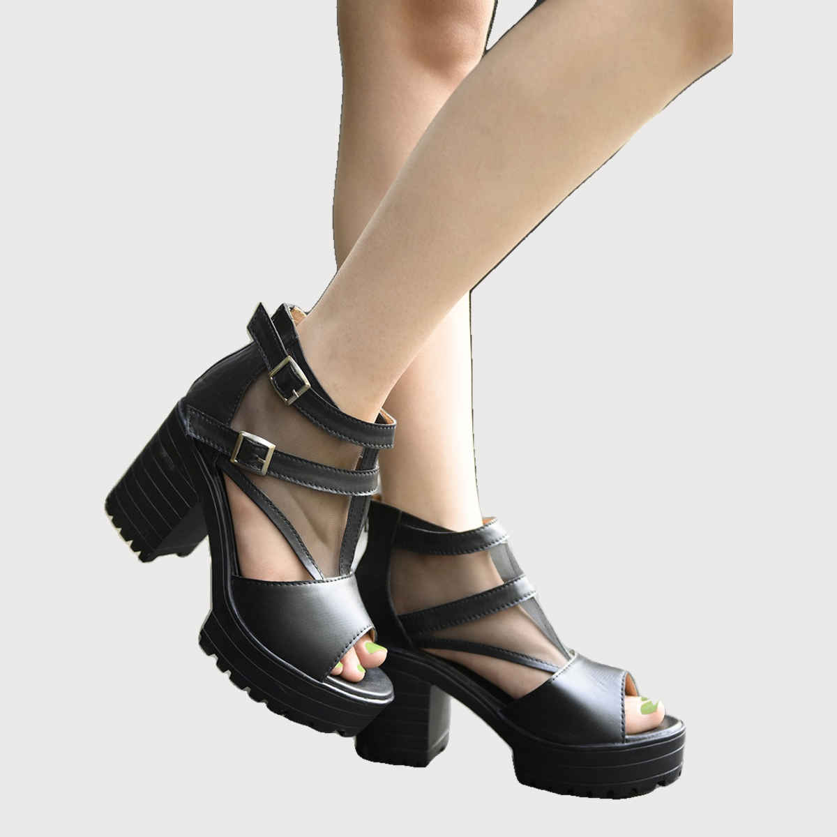 Shoetopia Women Black Platform Peep Toes with Buckles | UK 7