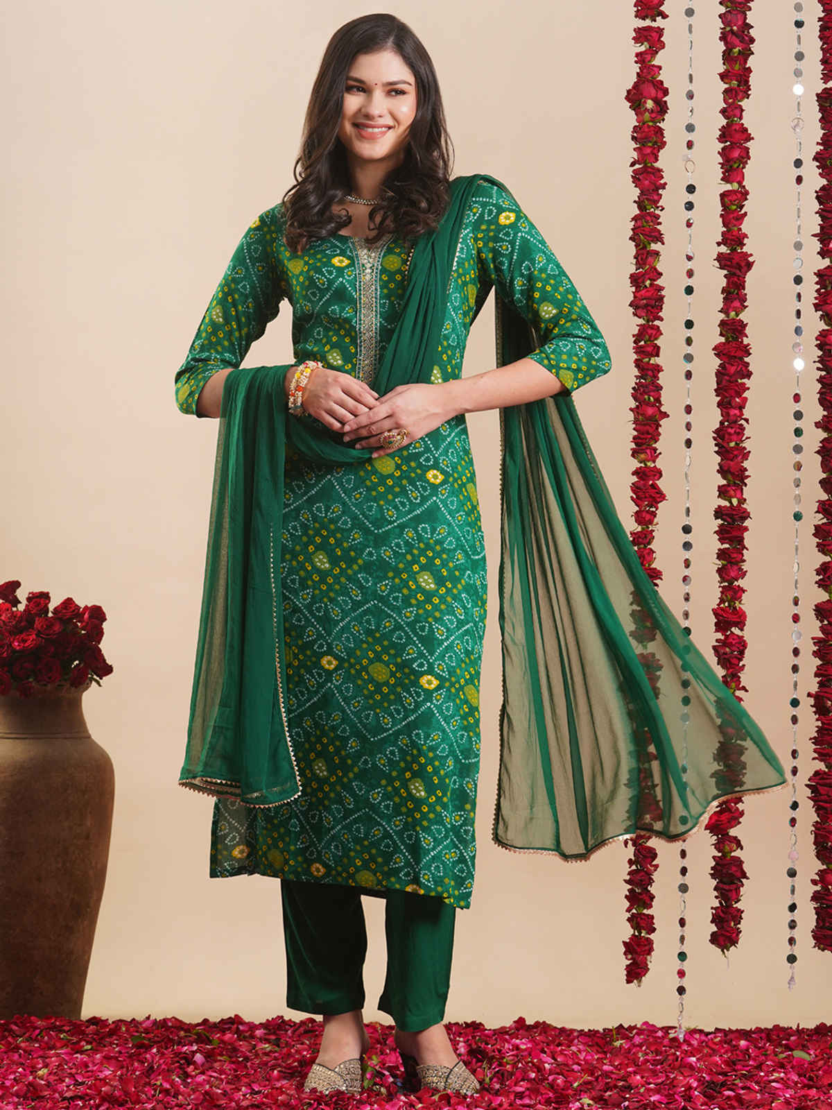 GoSriKi Women's Rayon Blend Straight Printed Kurta with Pant & Dupatta | TURAE | Green - L