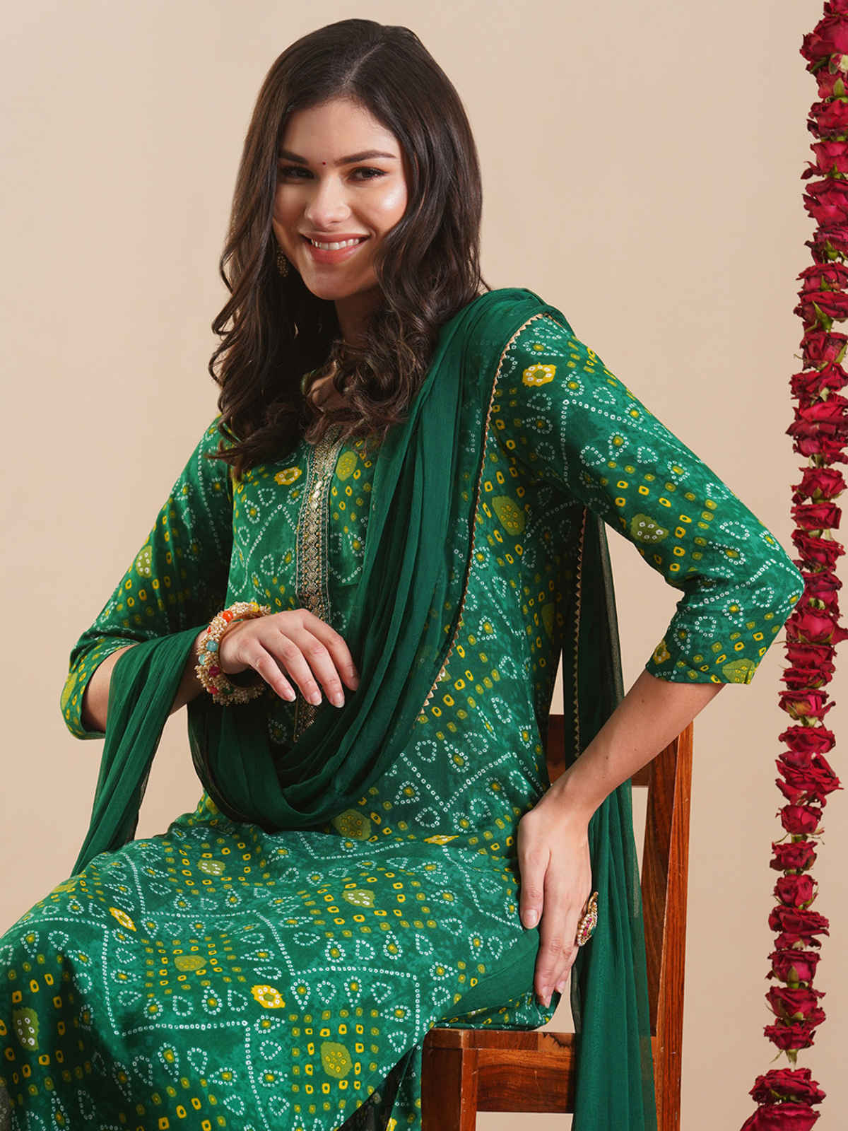 GoSriKi Women's Rayon Blend Straight Printed Kurta with Pant & Dupatta | TURAE | Green - L