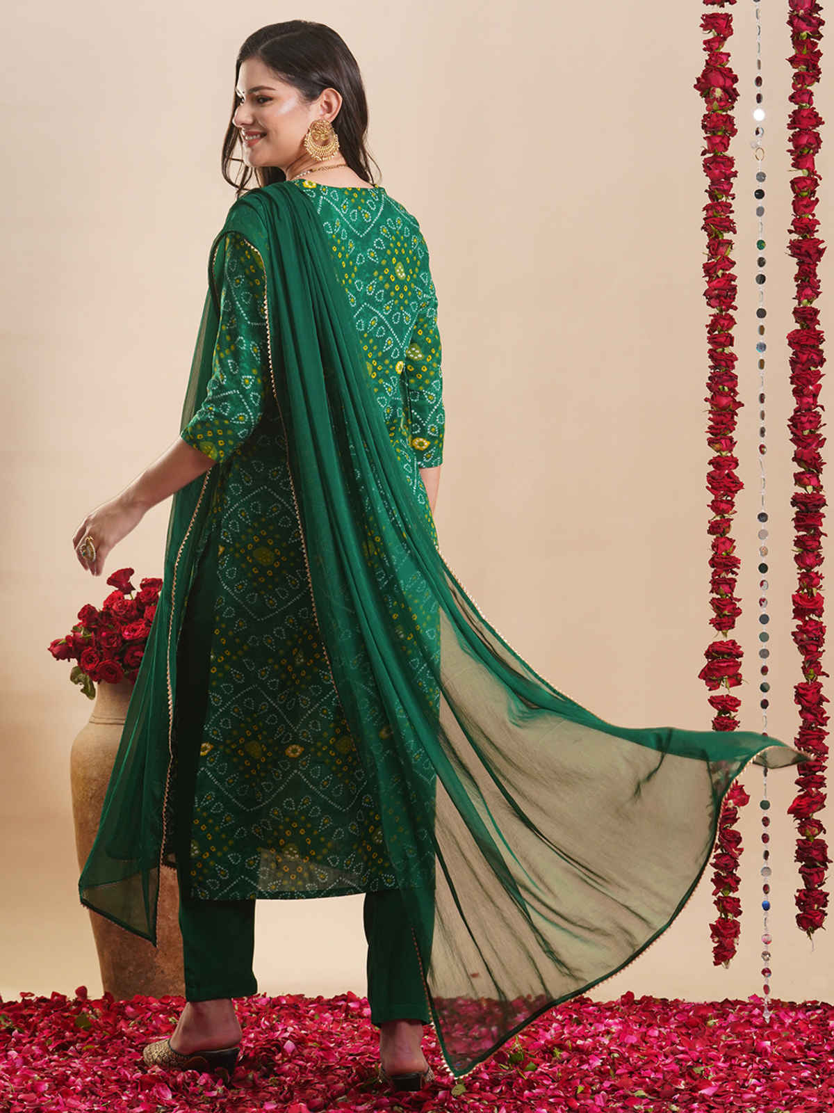 GoSriKi Women's Rayon Blend Straight Printed Kurta with Pant & Dupatta | TURAE | Green - L