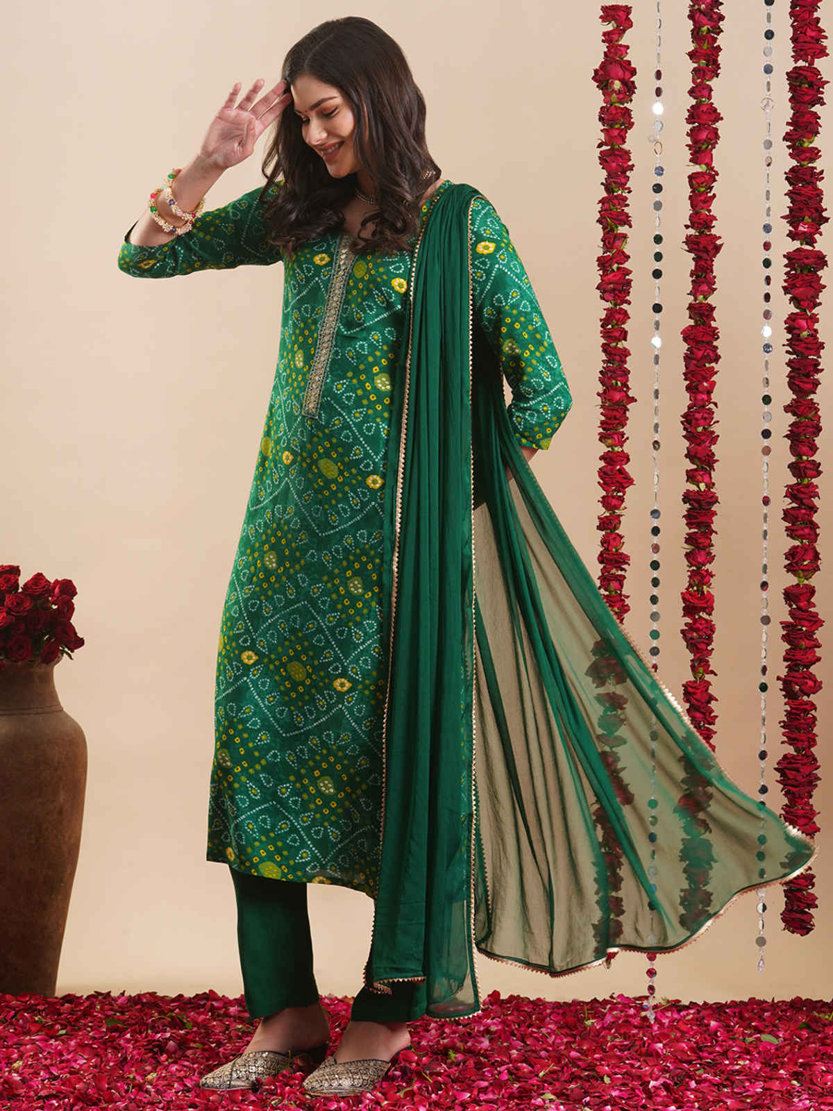 GoSriKi Women's Rayon Blend Straight Printed Kurta with Pant & Dupatta | TURAE | Green - L