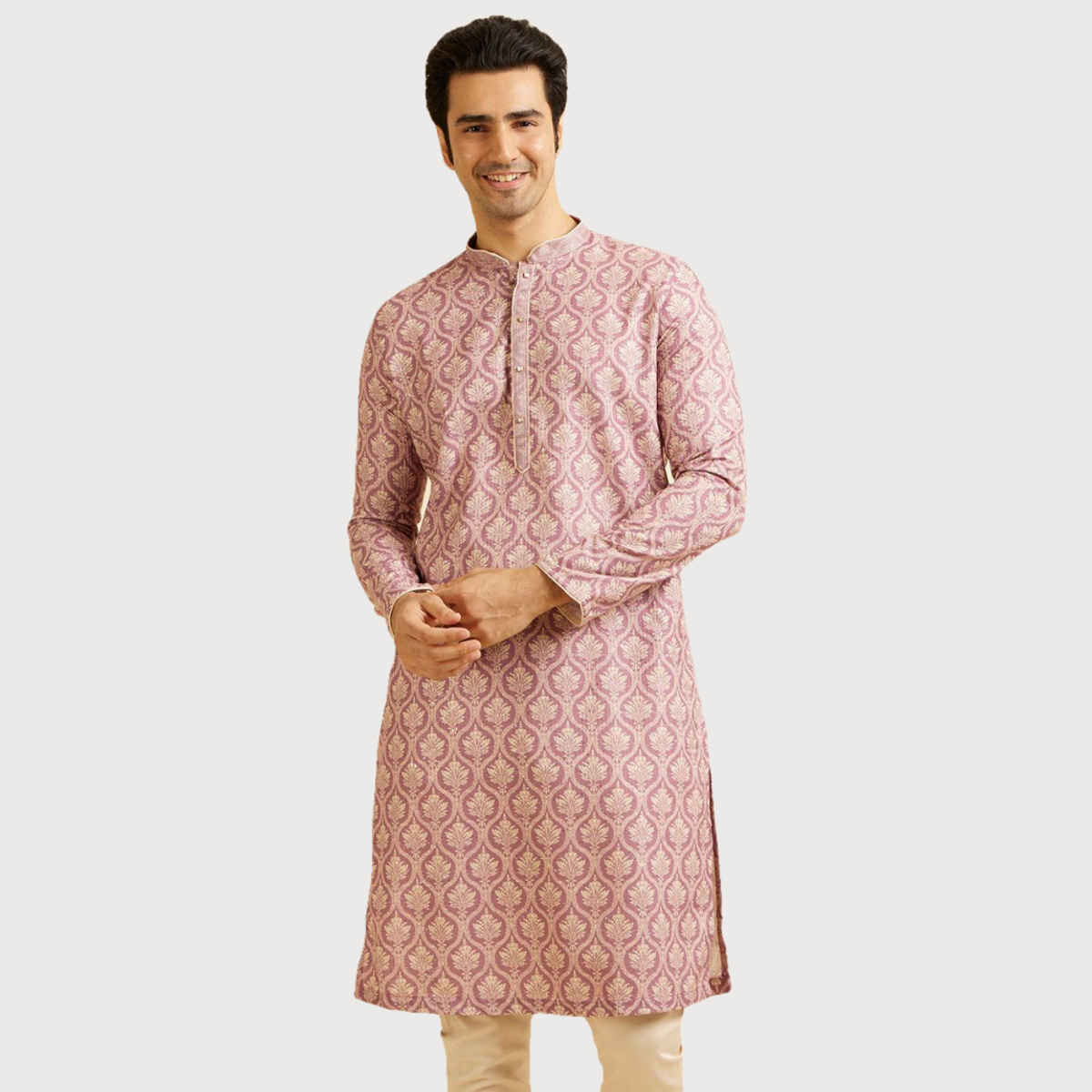 Manyavar Pink Blended Cotton Printed Kurta Set | L