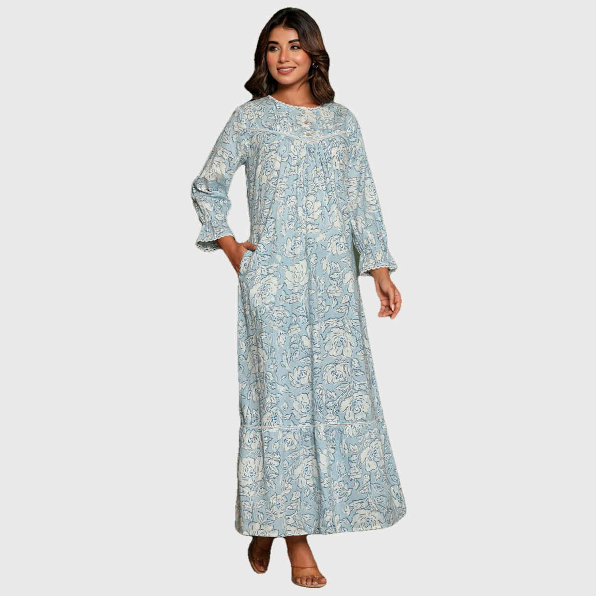 Nihsamah Women's Cotton Premium Printed Frock Nighty | Full Length | Sky Blue - XL