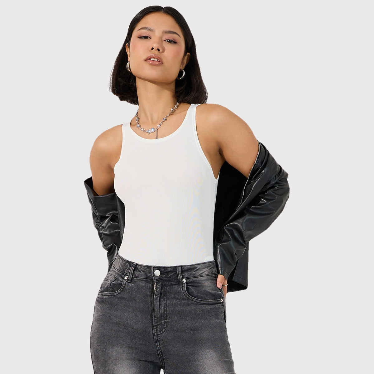 Styli Women's Ribbed Knit Bodysuit with Fitted Round Neck | White - XL