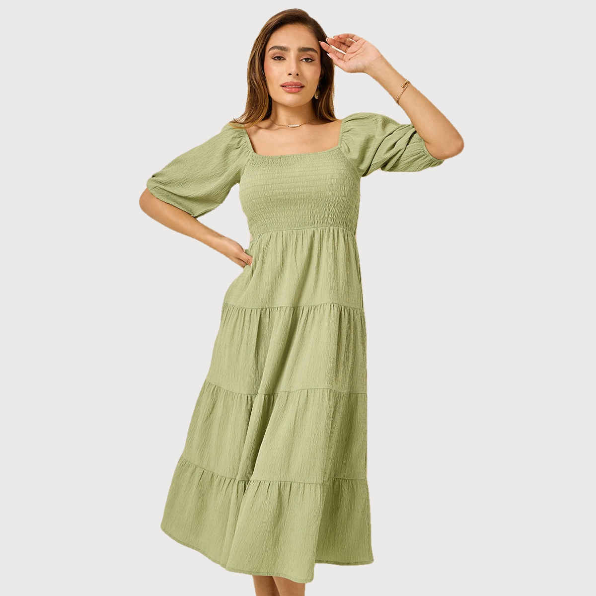 Styli Women's Smocked Midi Length Dress with Puff Sleeves | Green - L