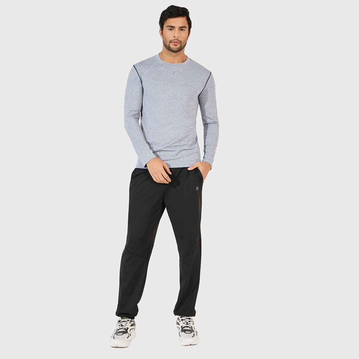 Styli Men's Compression T-shirt with Reflective Logo and Long Sleeves | Grey - S