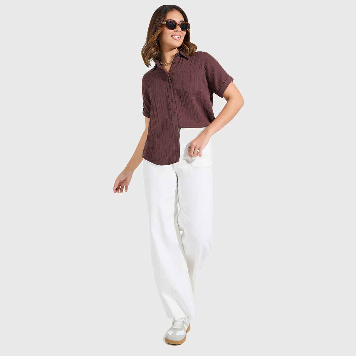 Styli Women's Textured Button Down Shirt with Regular Fit and Roll-up Sleeves | Brown - M