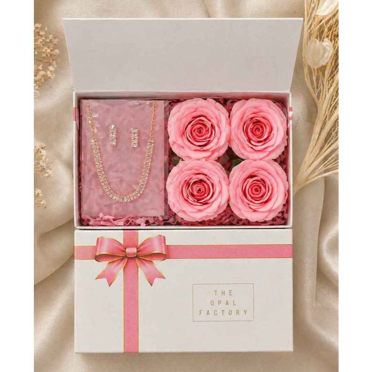 The Opal Factory Baguette Diamante Necklace Set with Roses | Rose Gold | Rakhi Gifts