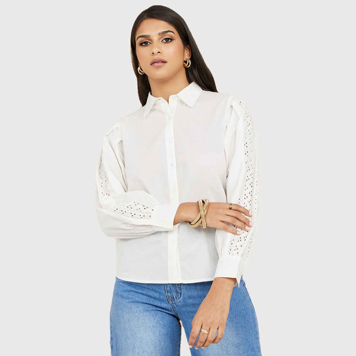 Styli Women's Regular Fit Broderie Shirt with Long Sleeves | White - S