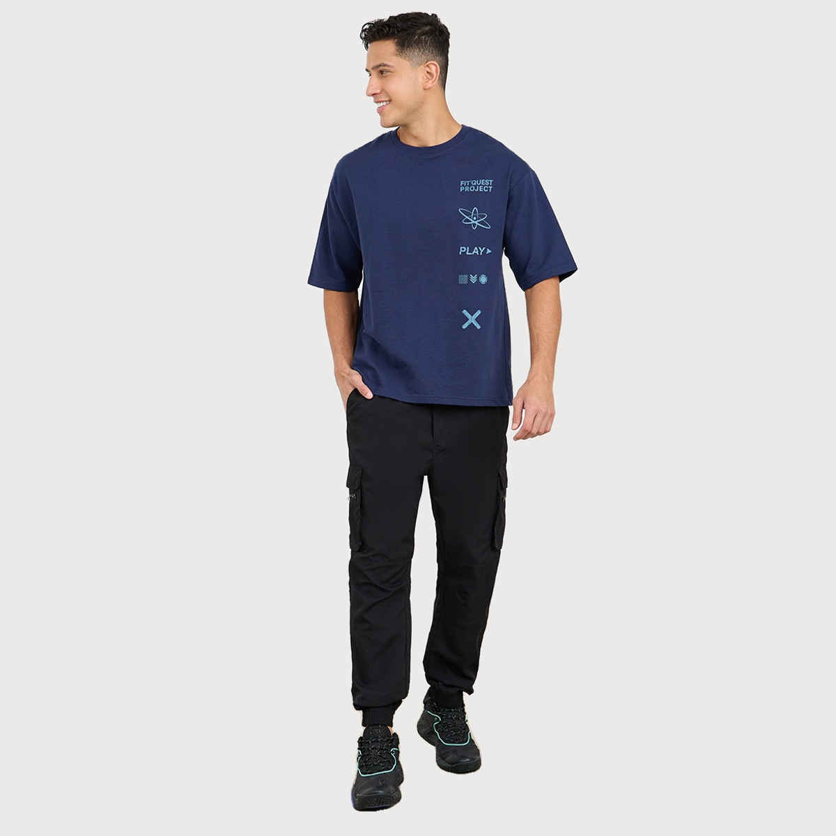 Styli Men's Oversized Athleisure Terry T-shirt with Slogan Print | Navy Blue - S