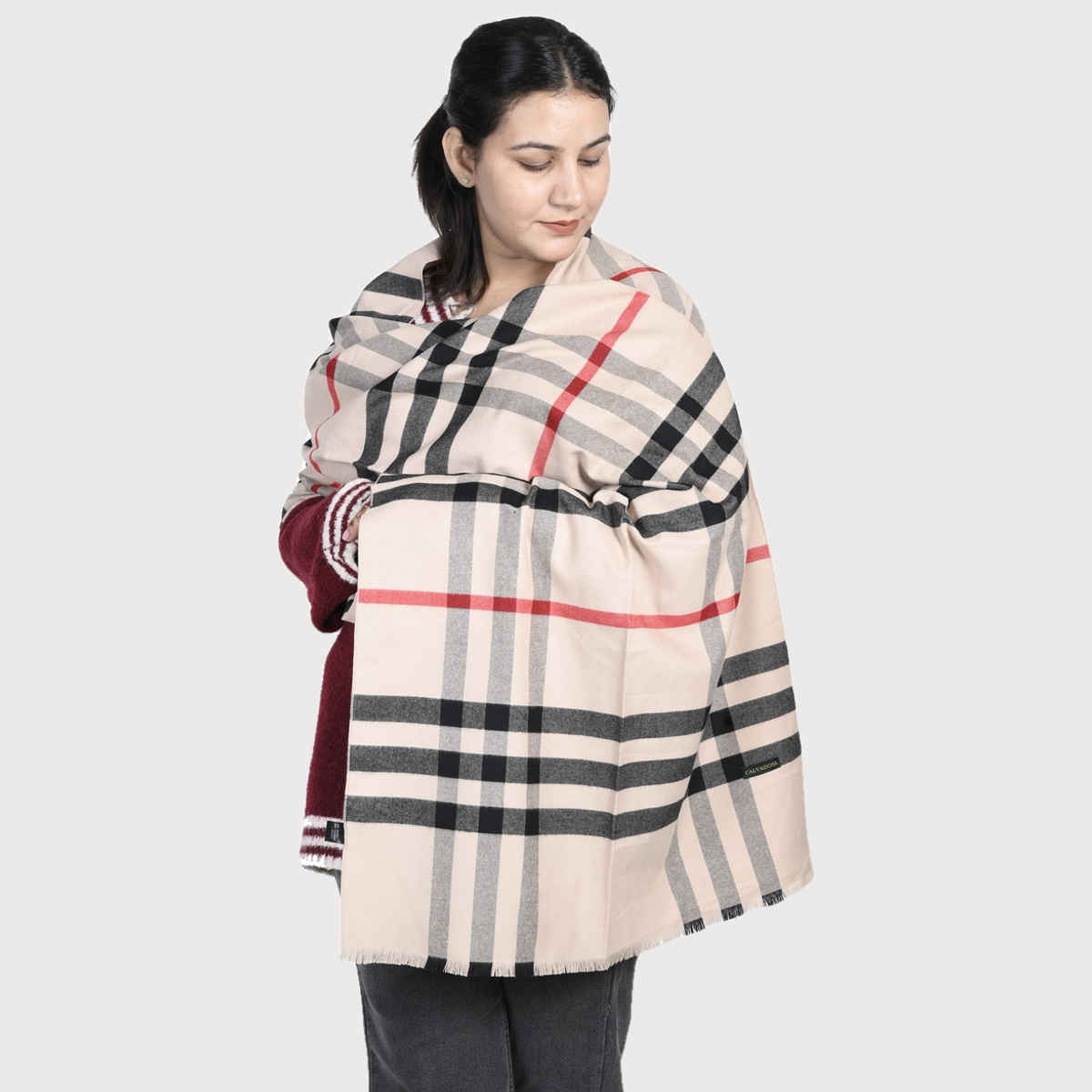 Calvadoss Women's Checked Stole With Fringed Border | Stl1542 | Multicolour